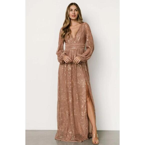 NWT Soieblu Mauve Long Sleeve Open Back Maxi Dress Shimmery Overlay w/ Slit - Picture 1 of 9